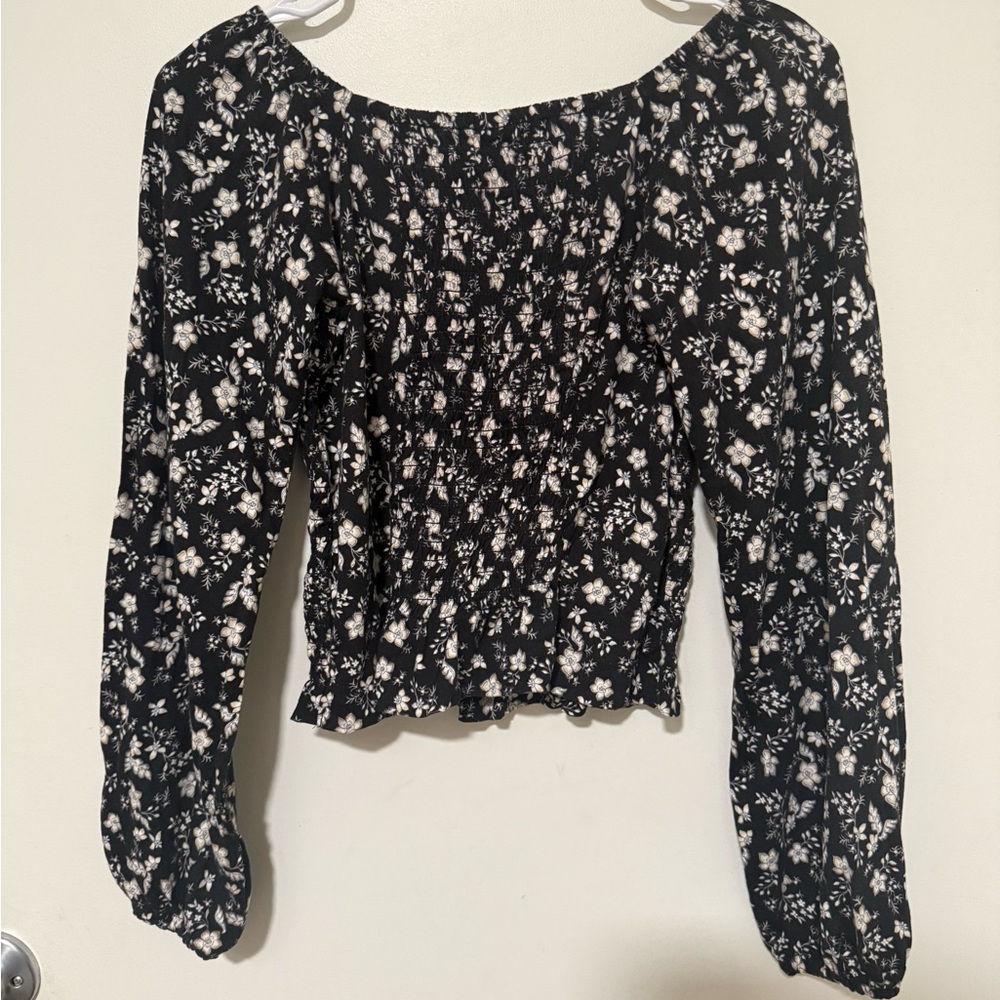 Smocked Floral Off-Shoulder Top - Black/White